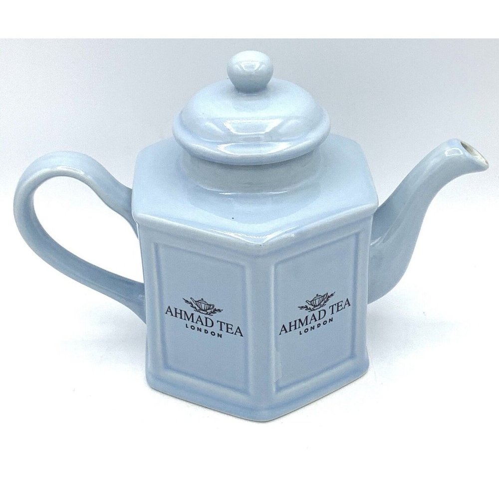 Vintage Light Blue Ahmad London Bone Ceramic Teapot Hexagon Pottery With Lid